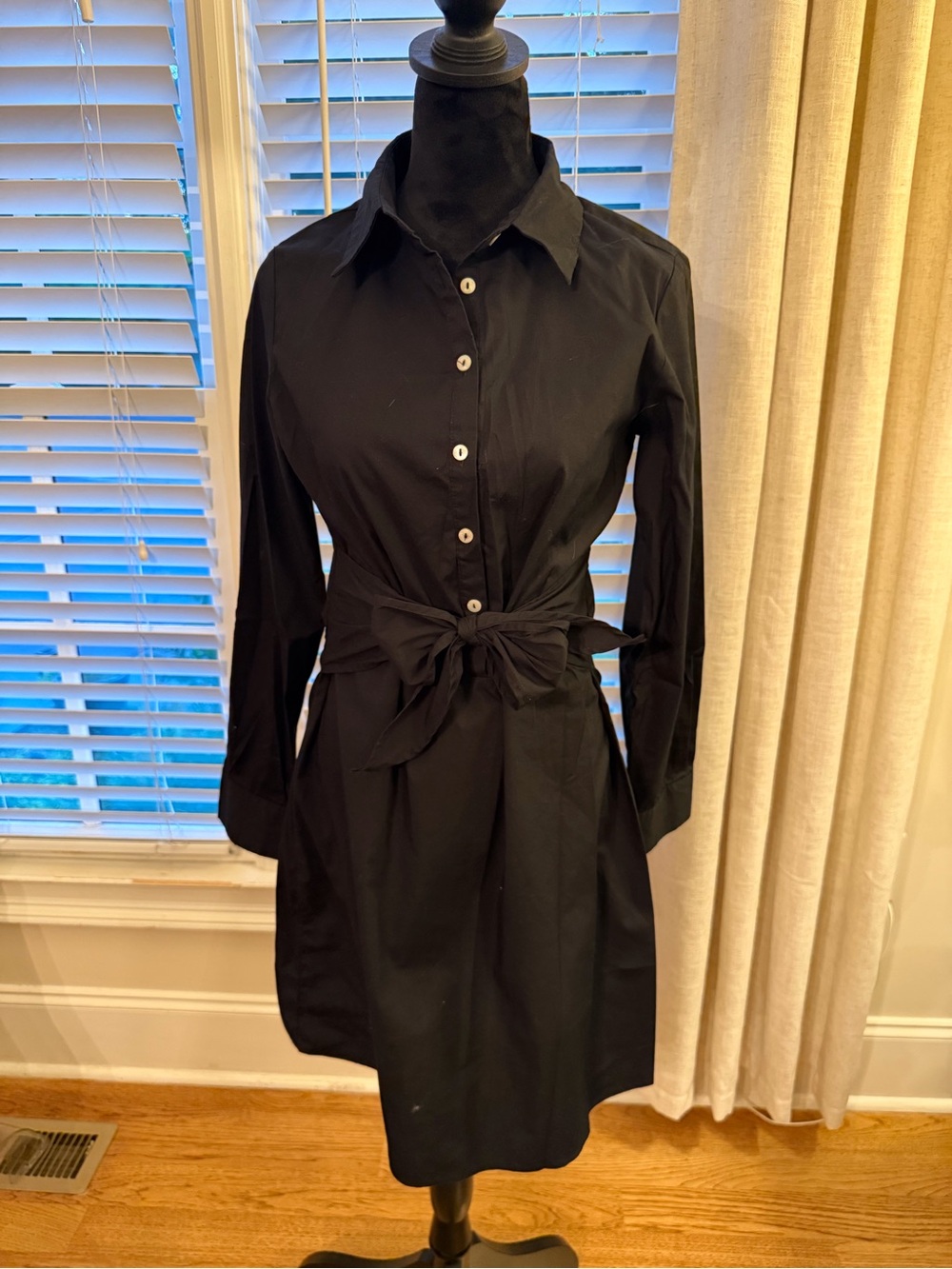 Tahari Black Long-Sleeve Button Shirtdress with Waist Tie